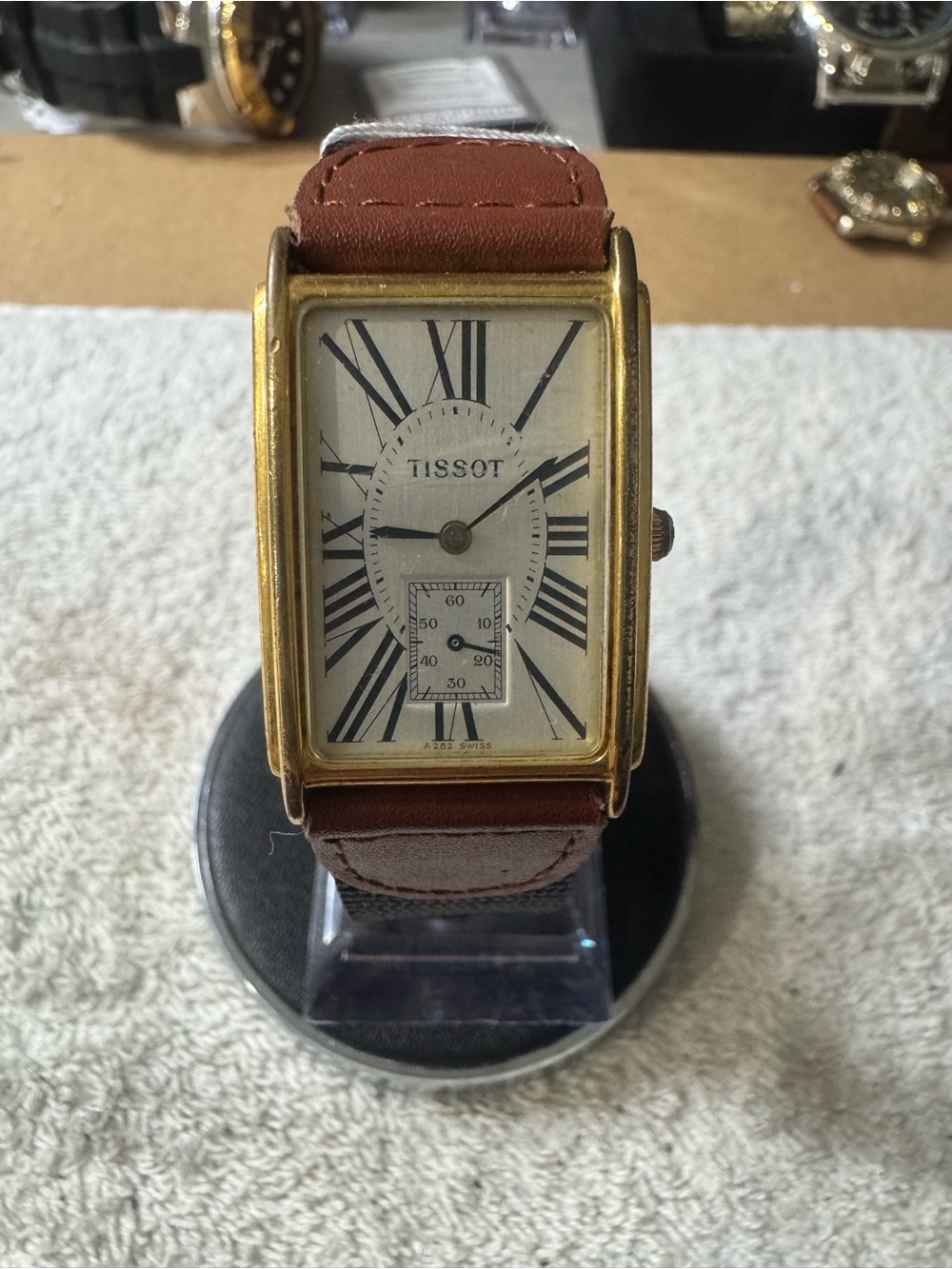#130 Tissot Gold-Tone Rectangular Watch with Brown Strap